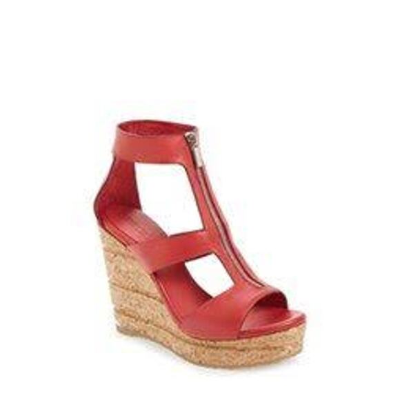 JIMMY CHOO Novice Red Leather Wedge Sandal Front Zip INDIE SLEAZE Size 8 Shoes - Picture 1 of 5